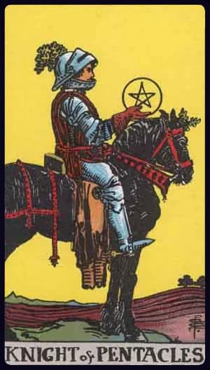 La carte Cavalier de Denier du tarot Rider-Waite-Smith