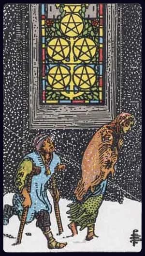 La carte Cinq de Denier du tarot Rider-Waite-Smith