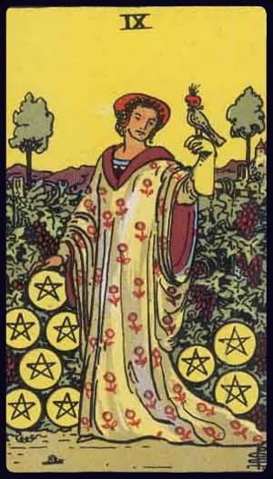 La carte Neuf de Denier du tarot Rider-Waite-Smith