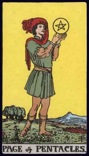 La carte Page de Denier du tarot Rider-Waite-Smith