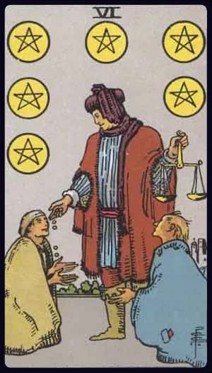 La carte Six de Denier du tarot Rider-Waite-Smith