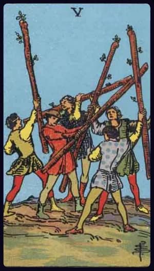La carte Cinq de Bâton du tarot Rider-Waite-Smith