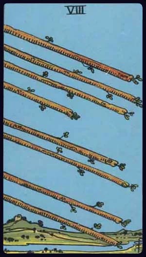 La carte Huit de Bâton du tarot Rider-Waite-Smith