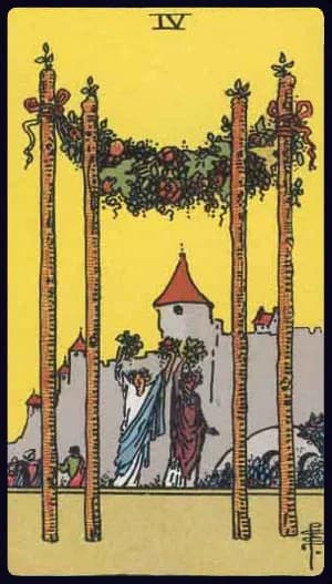La carte Quatre de Bâton du tarot Rider-Waite-Smith